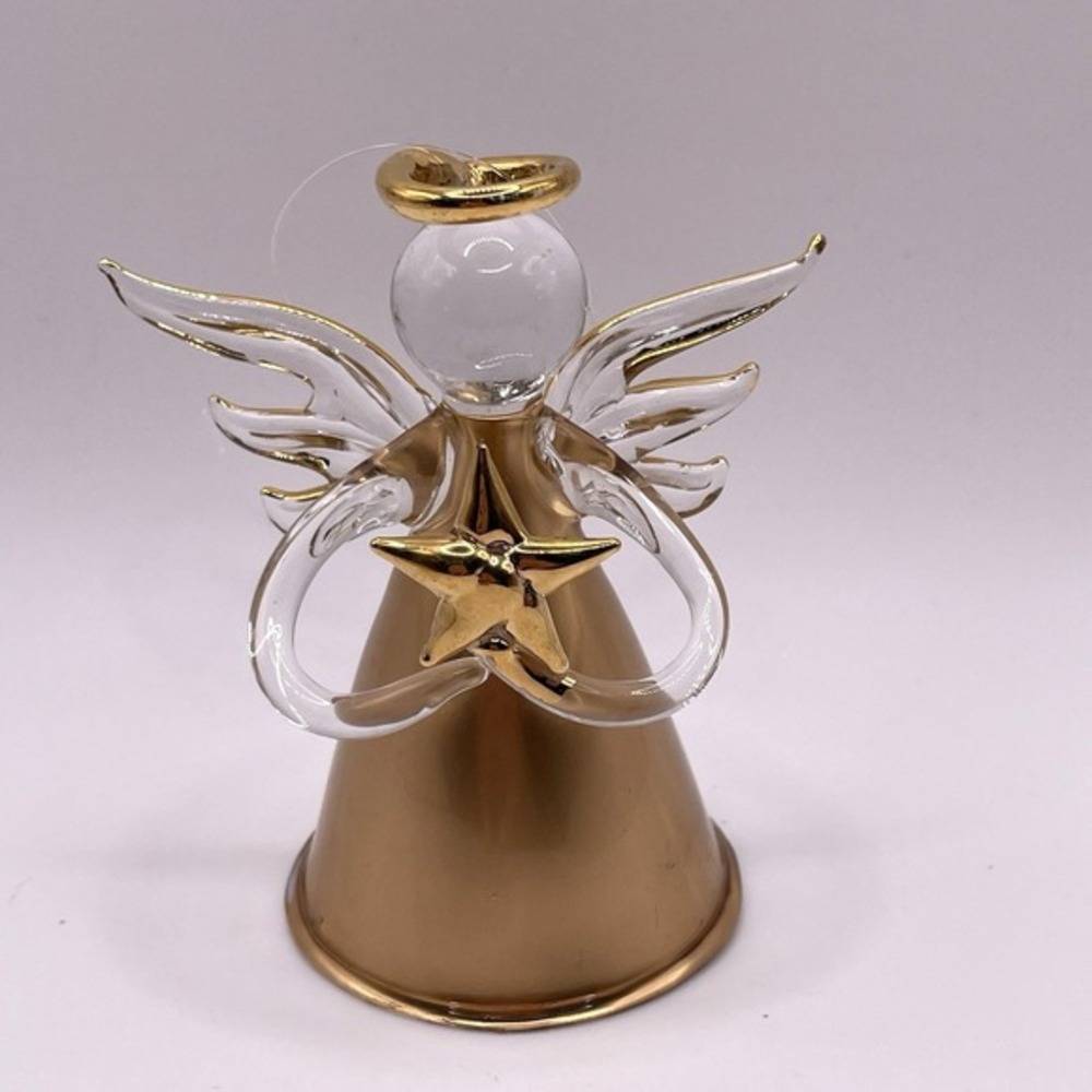 Hand Blown Glass Angel Holding Gold Star‎ Christmas Ornament Avon Vintage
